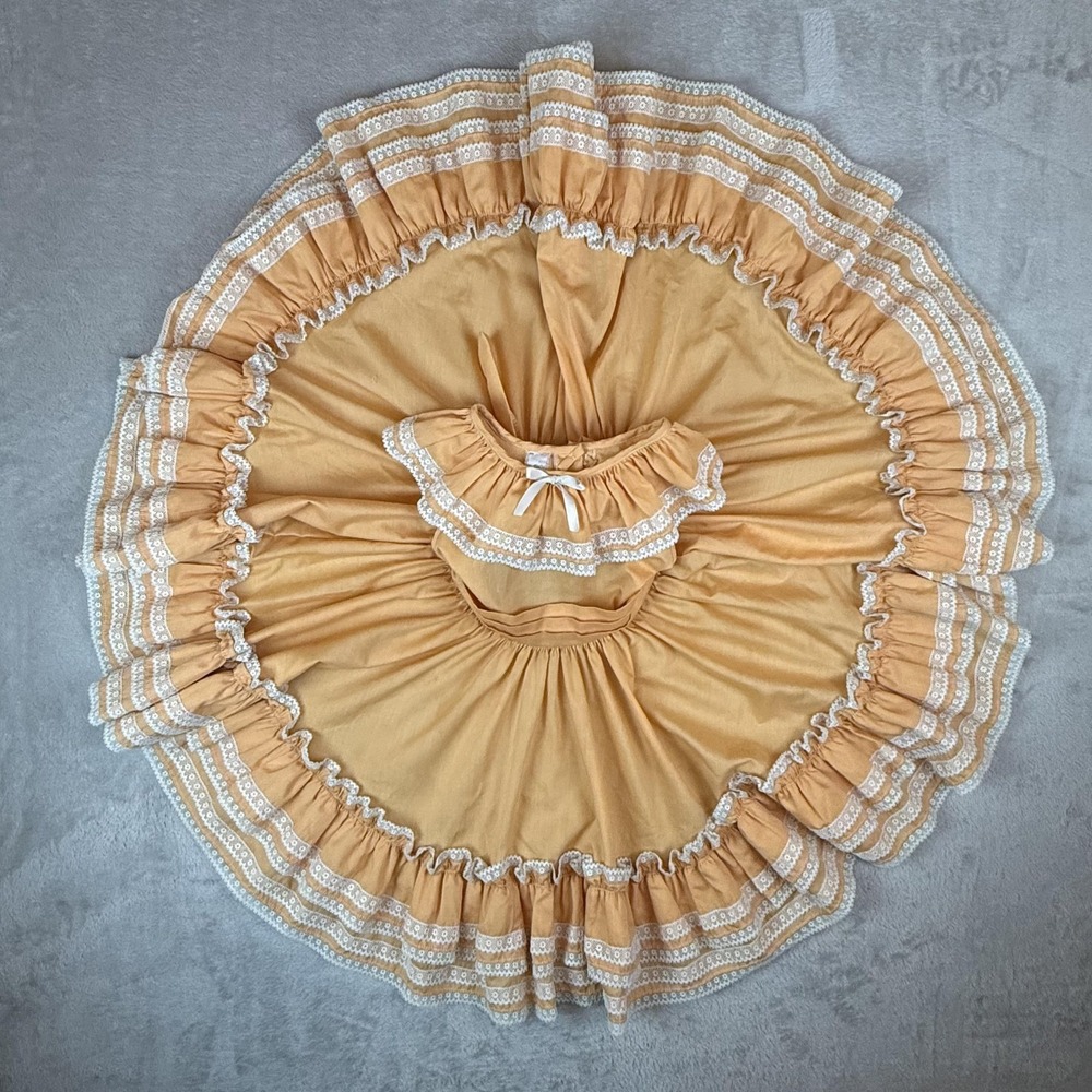 Vtg Mini World Dress Girls 3T Yellow Lace Ruffle Prairie Party Western Twirl